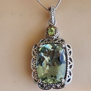 Intricate Sterling Silver 14k Gold Green Quartz Gemstone Necklace Chain Jeweley